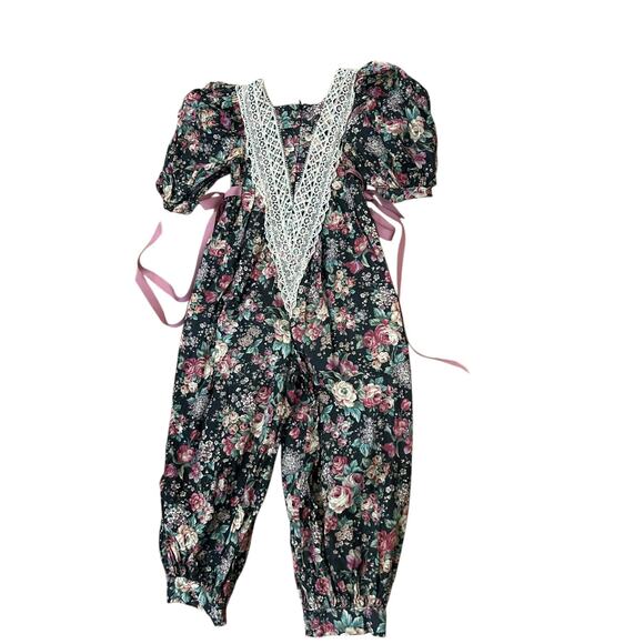 Vintage Floral Cotton Lace Prairie Jumpsuit Puff Sleeve Cottage core / XS - - Picture 3 of 5